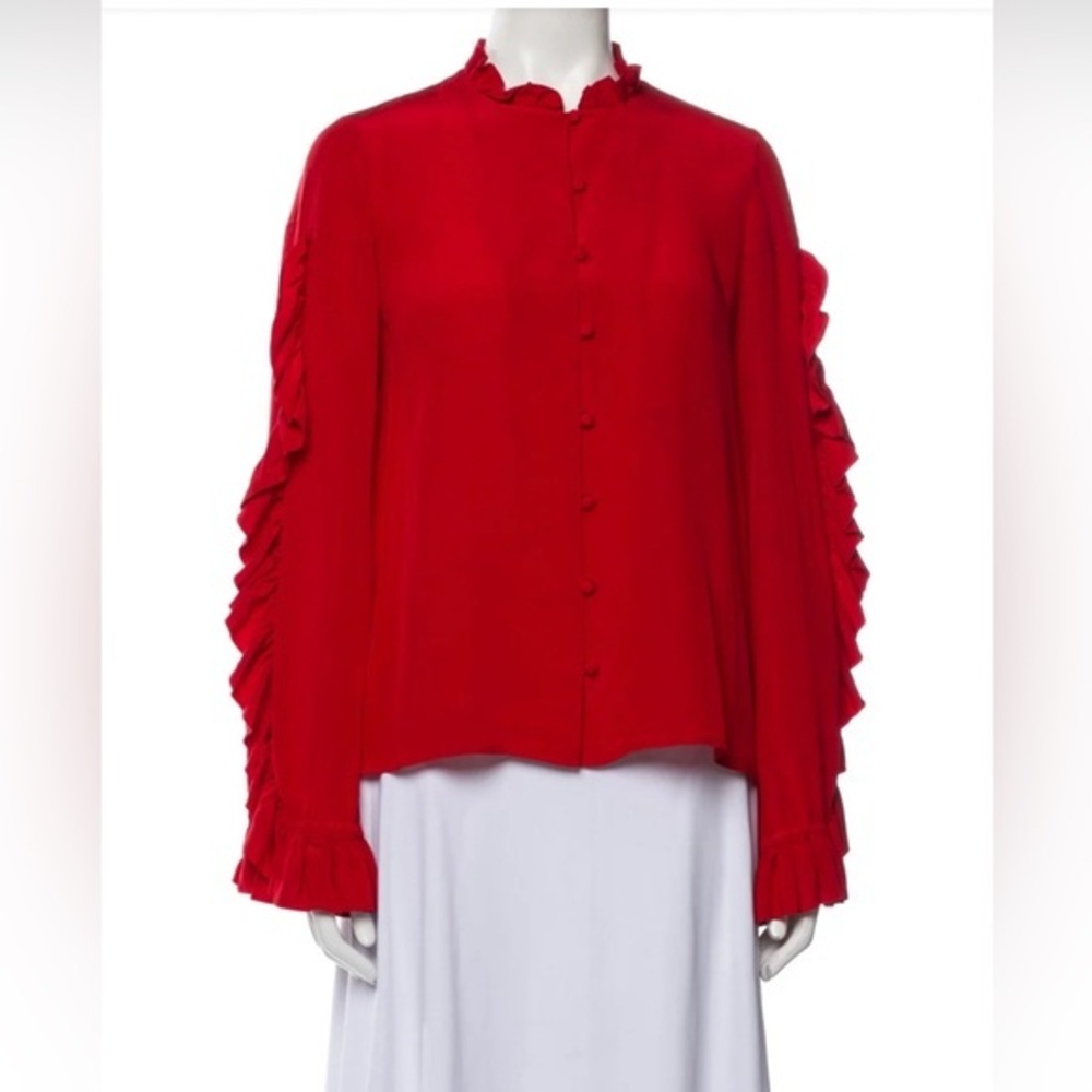 ❤️ Alexis Silk Blouse Red Ruffle Embellishment Long Sleeve with Mock Neck//SzL❤️